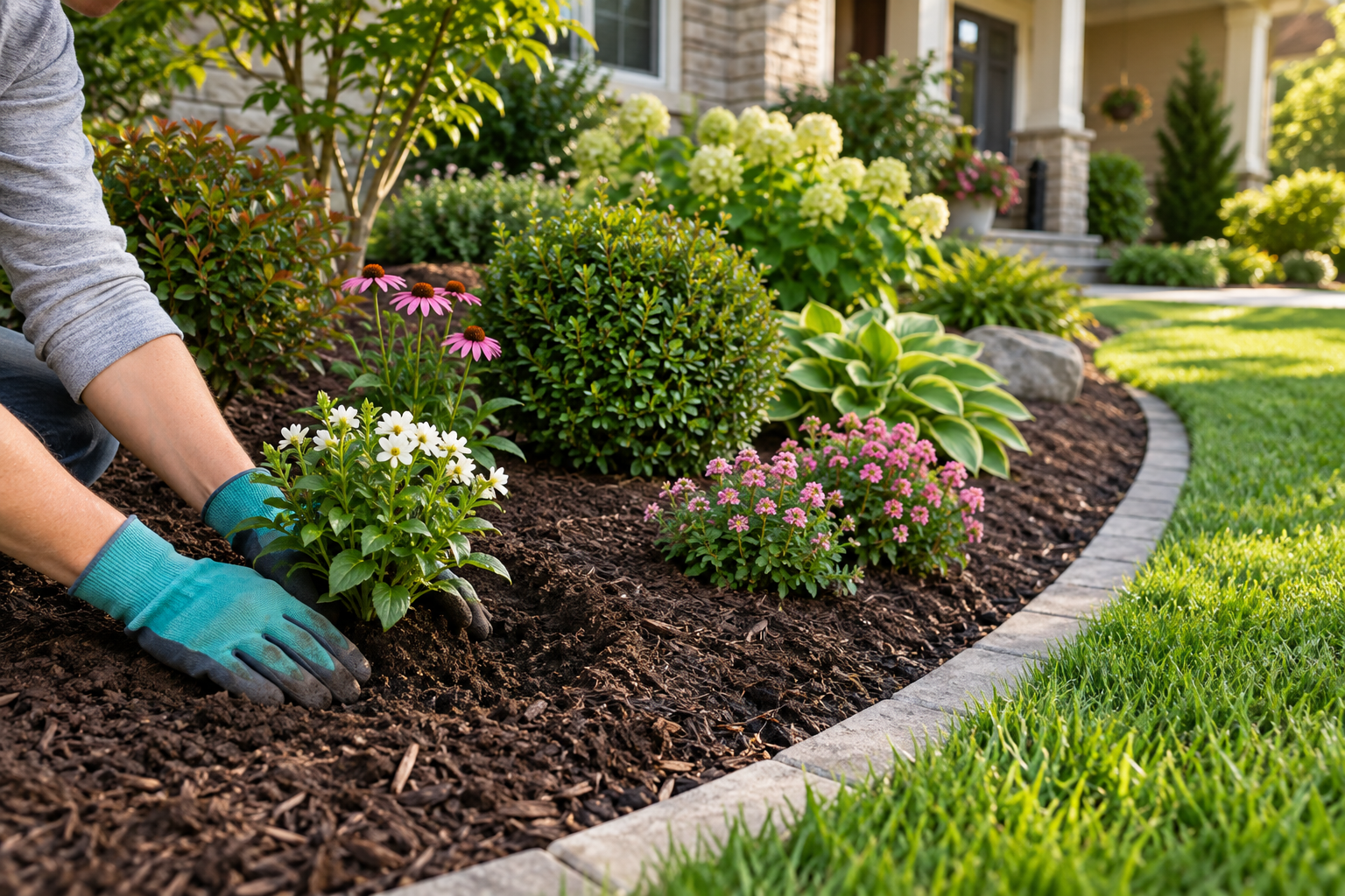 A gardener tending a flower bed beside a home